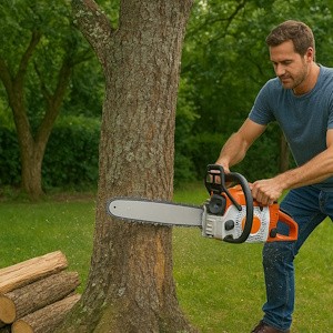 Kettensäge im Garten kurz vor dem Einsatz