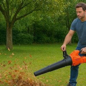 Laubsauger im Garten bei der Arbeit