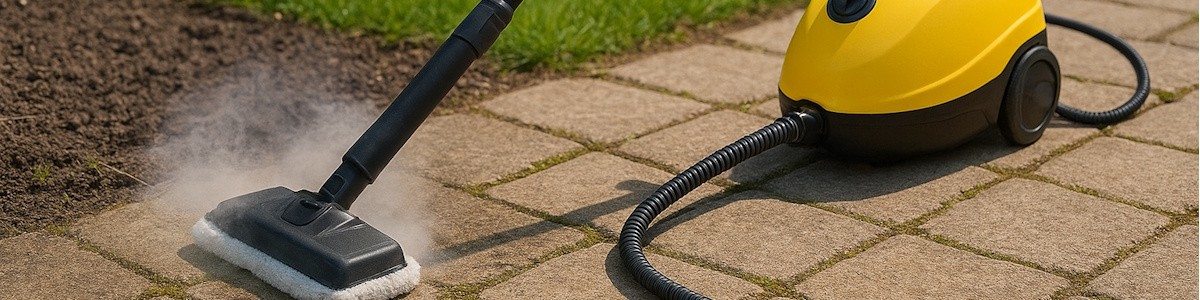 Dampfreiniger beim Säubern von Gehwegplatten im Garten