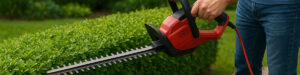 Heckenschere, elektrisch bei der Gartenarbeit